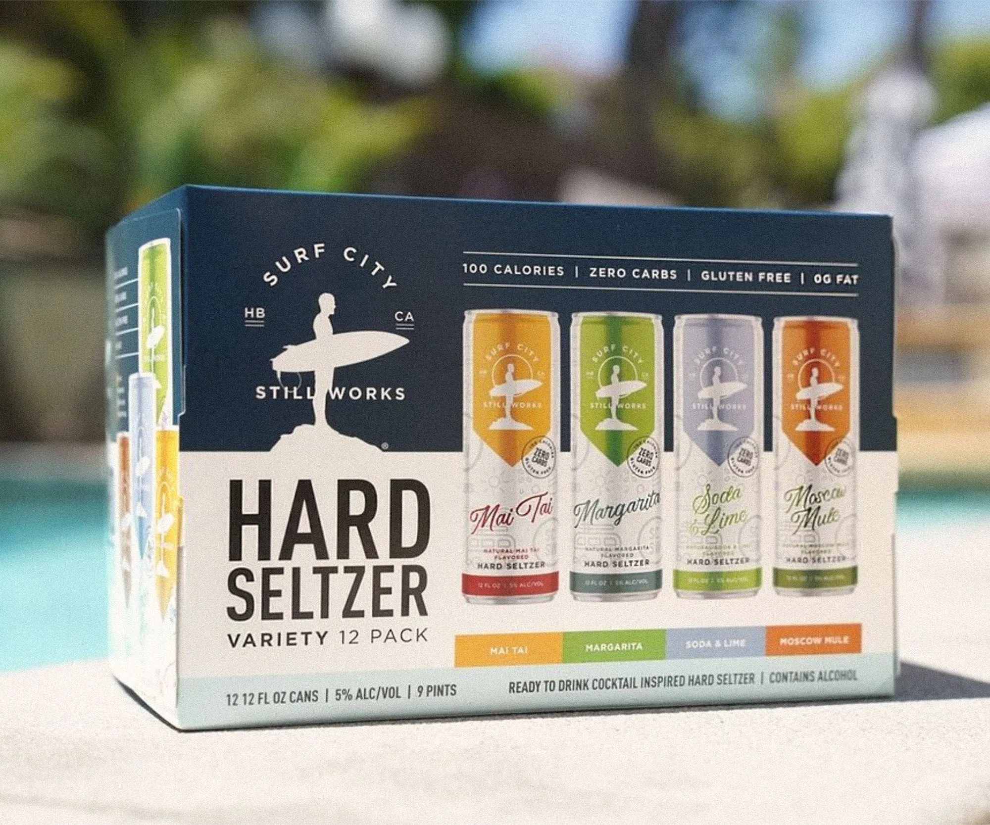 Surf City Still Works hard seltzer variety twelve-pack carton.